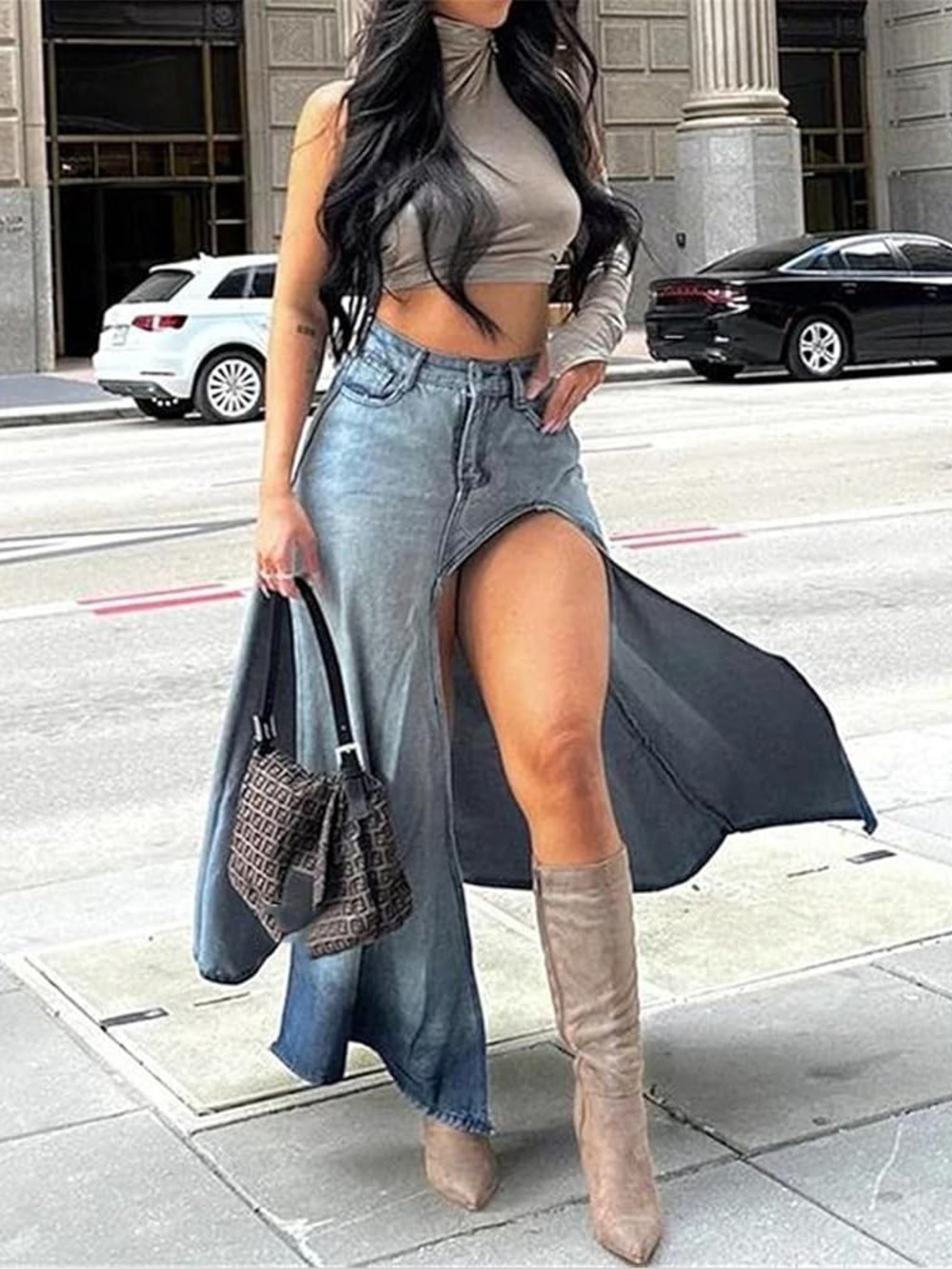 High-Slit Denim Maxi Skirt with Side Panel - Blue